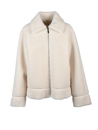 Pennyblack Cream Plush Jacket With Zip Closure And Faux Leather Interior