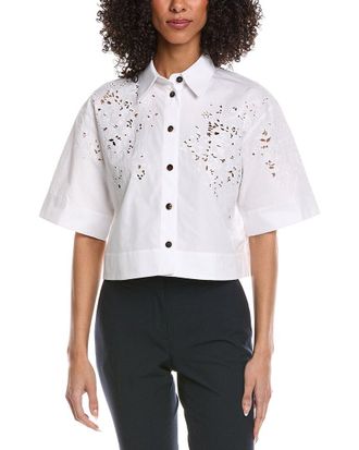 Lafayette 148 New York Embroidered Button Front Cropped Shirt