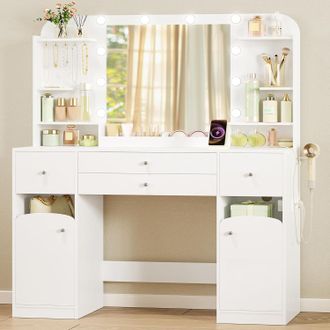 OEM Toeletta Trucco Con Luce Led, Con Presa E Porta Asciugacapelli, Ampio Piano DAppoggio 108cm, Toeletta Con 2 Cassetti Grandi Con Contenitore Per Gioiel