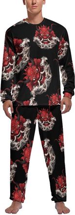 Generic Japanese Wave Demon Red Samurai Oni Mask Mens Pajama Set Comfy Pj Sets Long Sleeve Shirts And Bottoms Soft Sleepwear Loungewear Sleep Sets M
