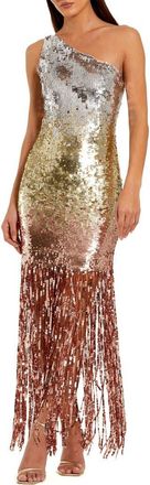 Mac Duggal Ombre Sequin Fringe Mesh One Shoulder Gown in Gold Silver Ombre at Nordstrom, Size 10