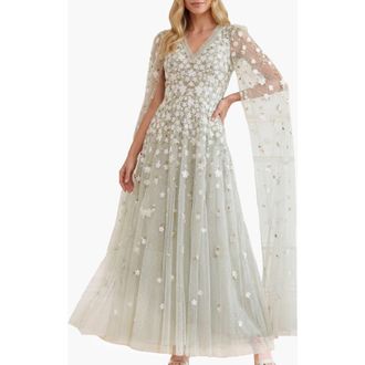 Needle & Thread Camellia Ditsy Cape Sleeve Ankle Gown in Seafoam/multi at Nordstrom, Size 18