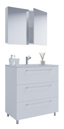 ebuy24 Ebuy24 - Vcm 3 Piezas Lavabo Lavabo Gabinete Inferior Ancho 80 Cm Muebles De Ba&ntilde;o Conjunto De Pie Con Tres Cajones Espejo Gabinete Badinos (blanco)