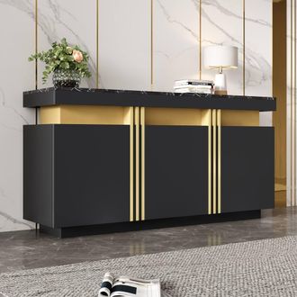 Matteo Modern Black & Gold Buffet Cabinet - Faux Marble Top, 3 Doors