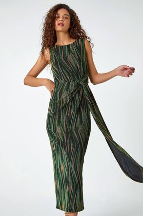 Roman Metallic Animal Print Ruched Maxi Dress