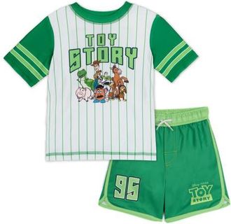 Disney Toy Story Swimwear 2-Piece Rash Guard and Swim Trunks Set in Toy Story Grey Green at Nordstrom, Size 18M