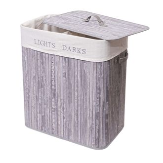 Hhg [nunca Usado] Cesto Para Ropa Sucia Hhg-153, Caja Para Ropa Sucia Cesto Para Ropa Sucia, Bamb&uacute; 2 Compartimentos 63x55x34cm 100l, Gris-azul