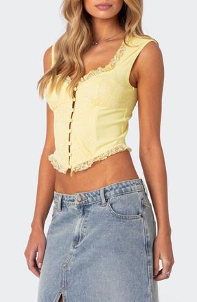 Edikted Lace Panel Corset Crop Top in Yellow at Nordstrom, Size X-Large