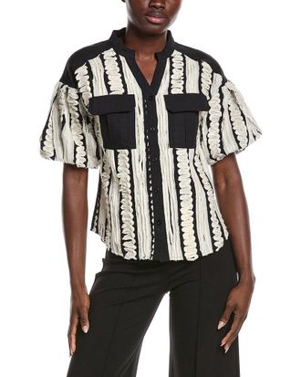 Gracia Embroidered Band V-Neck Puffed Sleeve Top