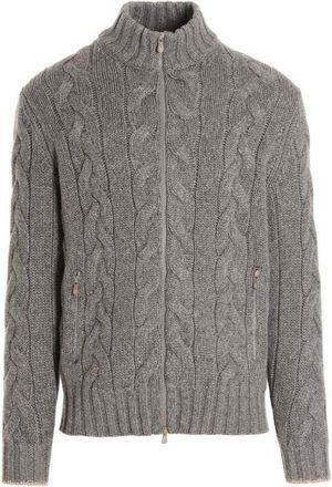 Brunello Cucinelli Mens Light Grey Wool Cable Knit Zip Sweater, Size 52