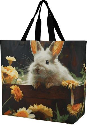 Generic Rabbit And Flower Handbag Waterproof Grocery Bag Foldable Shoulder Bags For Travel Daily Use Beach