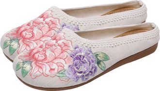 Supvox Women Embroidery Flat Shoes Cotton Round Toe White 37 Ethnic Style Home Wearing Comfortable Lady Shoes