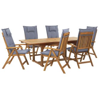 Beliani Conjunto De Comedor Para Jard&iacute;n De Madera De Acacia Ajustable Plegable 6 Plazas Cojines Azules Exterior Java