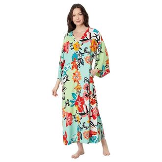 Natori Marbella Caftan Womens Blue Milti Floral Side Slits V-Neck JZZ433