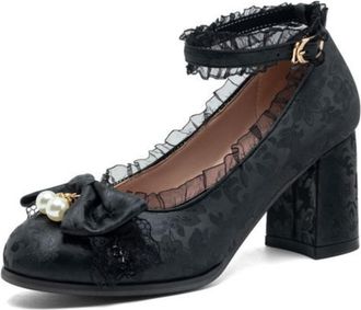 Generic Womens Ankle Strap Pumps Round Toe Bow Pearl Embellishment Ruffle Trim Chunky Block Heel Textured Upper Lightweight Comfortable Stylish for Fashion Pa