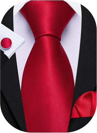 Barry.Wang Red Ties for Men Solid Wedding Business Necktie Handkerchief Cufflink