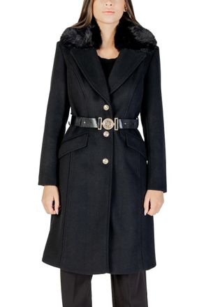 Guess Womens Belted Coat Faux Fur Collar - Black Viscose - Size Small