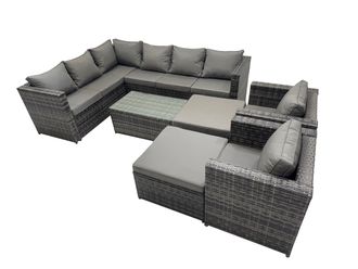 Fimous Outdoor Rattan Garden Furniture Set with 2 Chairs 2 Big Stools in Dark Grey