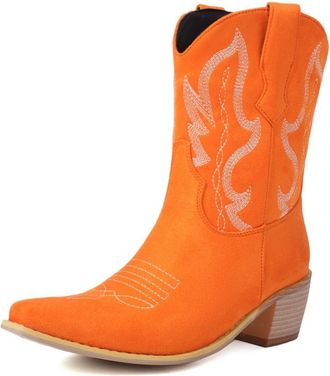 Generic Womens Western Cowboy Boots in Suede Fabric with Rhinestone Embroidery Pointed Toe Block Heels Vibrant Color Soft Inner Lining Durable Non-Slip Outsol
