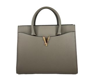 Versace Versace Virtus Large Leather Top Handle Satchel Bag Tote Womens Gray