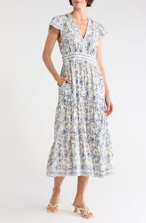 Max Studio Flutter Sleeve Maxi Dress in Cream/Blue Toile Mystique at Nordstrom Rack, Size X-Large