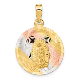 Diamond2Deal 14k Yellow Gold Rhodium Polished Diamond-Cut Lady Of Guadalupe Circle Pendant