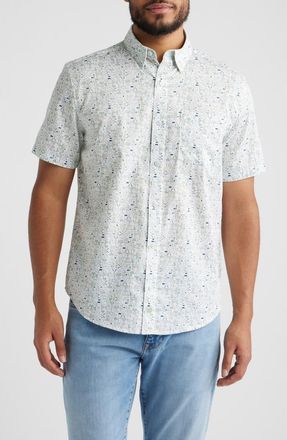 Johnston & Murphy Logan Short Sleeve Button-Up Shirt in White /Sage Tee Time at Nordstrom, Size Xxx-Large