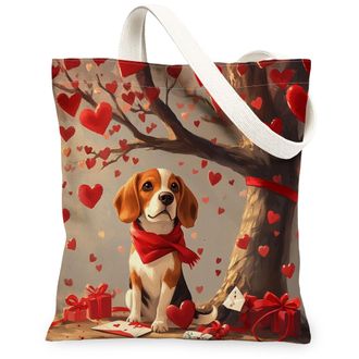 Generic Valentines Day Beagle Dog Canvas Tote Bag for Shopping 13x15, Fun Heart Tree Puppy Reusable Grocery Print Pattern Bag for Women, Pet Beach Aesthetic P