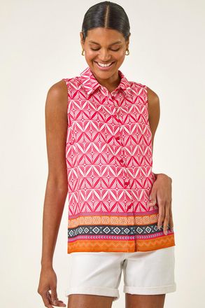 Roman Geo Border Print Button Blouse