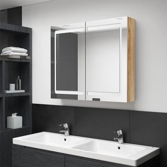 Berkfield Home LED Bathroom Mirror Cabinet Oak 80x12x68 cm in Brown | Size: 80 x 12 x 68 cm