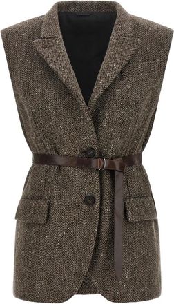Brunello Cucinelli Gilet met visgraatpatroon en ceintuur - Dames - Bodywarmers - Bruin - M - Wol - Jassen