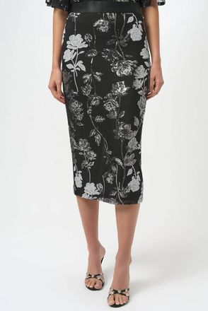 Joseph Ribkoff Sequined Floral Mesh Midi Pencil Skirt In Black/multi