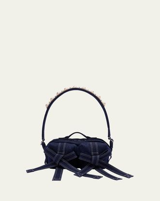 Simone Rocha Classic Pearly-Embellished Bow Denim Shoulder Bag