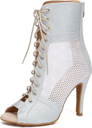Minitoo Ladies Dance Boots Heels Elegant Mesh Prom Evening Ankle Sandals Shoes L663 Silver 9.8cm Heel UK 8.5