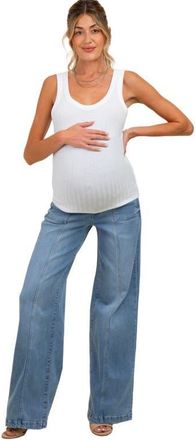 Pinkblush Front Seam Super Wide Leg Maternity Jeans in Blue at Nordstrom, Size 26