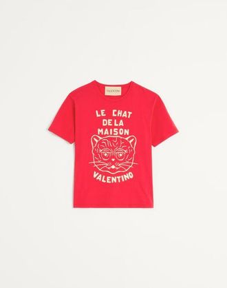 Valentino Cotton T-Shirt With Le Chat De La Maison Print Man RED/BUTTER 3XL