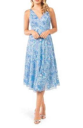 Dress The Population Elisa Sequin Embroidered Cocktail Midi Dress in Sky Multi at Nordstrom Rack, Size Xx-Large