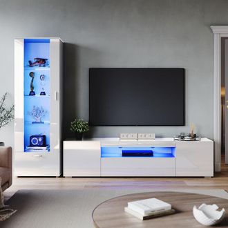 Elegant Lighting Living Room Home Furniture Set 2000mm led tv Unit Stand Display Cabinet Sideboard with 16 color rgb led Lights Storage Unit in White High Gloss Style