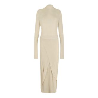Cortana Gebreide jurk met hoge hals en lange mouwen - Dames - Jurken - Beige - Maat: M Katoen