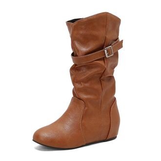 Generic Womens Pull on Slouch Mid-Calf Boots Round Toe PU Leather Casual Boots Wedge Heel Western Boot with Buckle,Yellow,10.5 UK