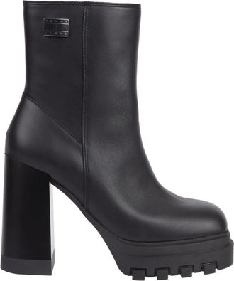 Tommy Jeans Zwarte Hoge Hak Enkellaarzen - Dames - Laarzen met Hak - Zwart - 41 EU - Leer - Schoenen