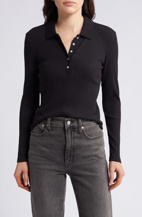 Treasure & Bond Rib Long Sleeve Polo in Black at Nordstrom, Size Small