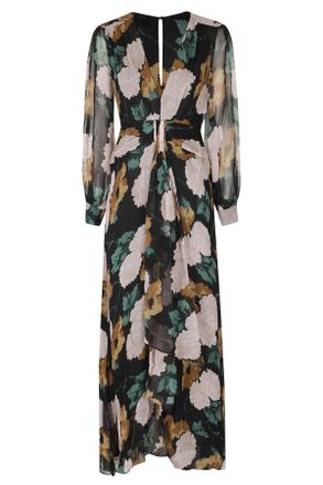Rixo Floral Charcoal Viscose Draped Flared Maxi Dress