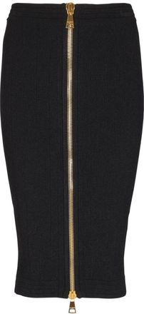 Balmain Geribbelde gebreide knielange rok met rits - Dames - Midirokken - Zwart - XS - Leer - Rokken