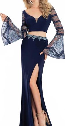 Rachel Allan Two-Piece Embellished Jersey Gown With High Slit In Navy