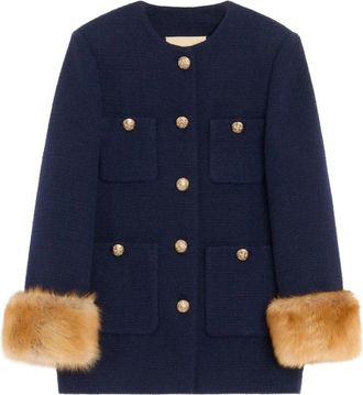 Valentino Wol Tijdjas met Imitatiebont Manchetten - Dames - Blazers - Blauw - M - Wol - Jassen