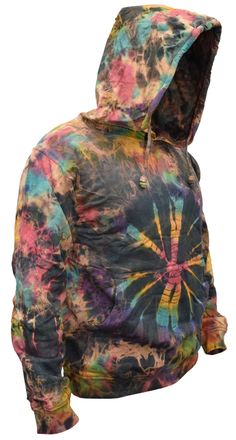 Gheri Mens Tie Dye Pixie Elf Hood Cotton Multicolor Hoodie Black Rainbow Large