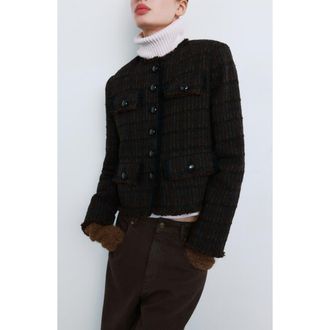 Mango Pocket Tweed Jacket in Chocolate at Nordstrom, Size Medium