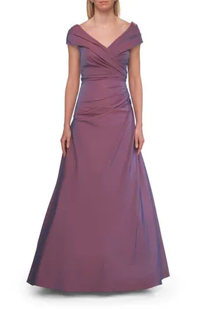 La Femme Off-the-Shoulder Stretch Taffeta A-Line Gown in Orchid at Nordstrom, Size 14