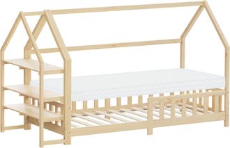 ML Design Ml-design Cama Infantil 90x200cm Natural, Con Colch&oacute;n Al:10cm, Protecci&oacute;n Antica&iacute;da, Techo Y Somier, Listones De Madera De Maciza De Pino Lecho Montes